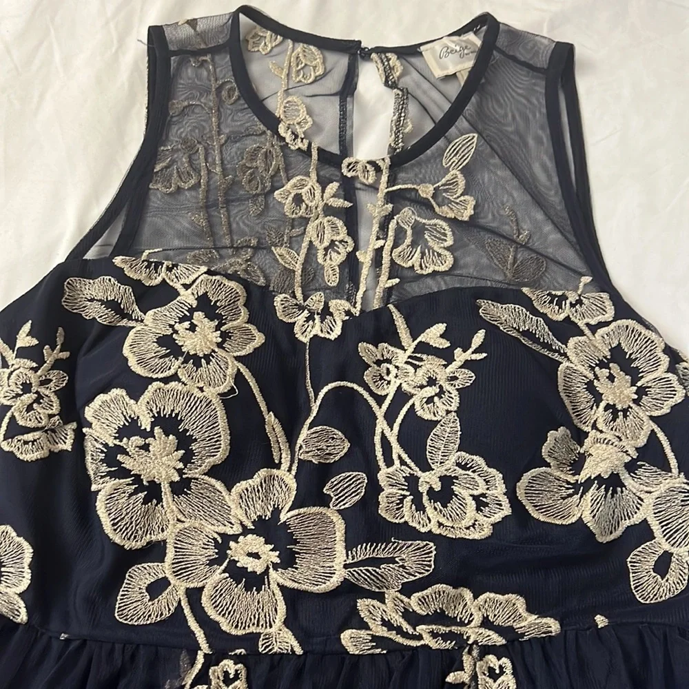 Beige‎ by eci Black Taupe-Gold Embroidered Mesh Cocktail Social Dress S…